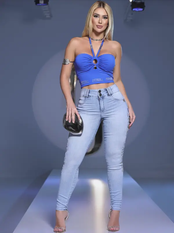 Calça Skinny Logomania Cós Alto com Bordado Lateral Pit Bull Jeans Luxo