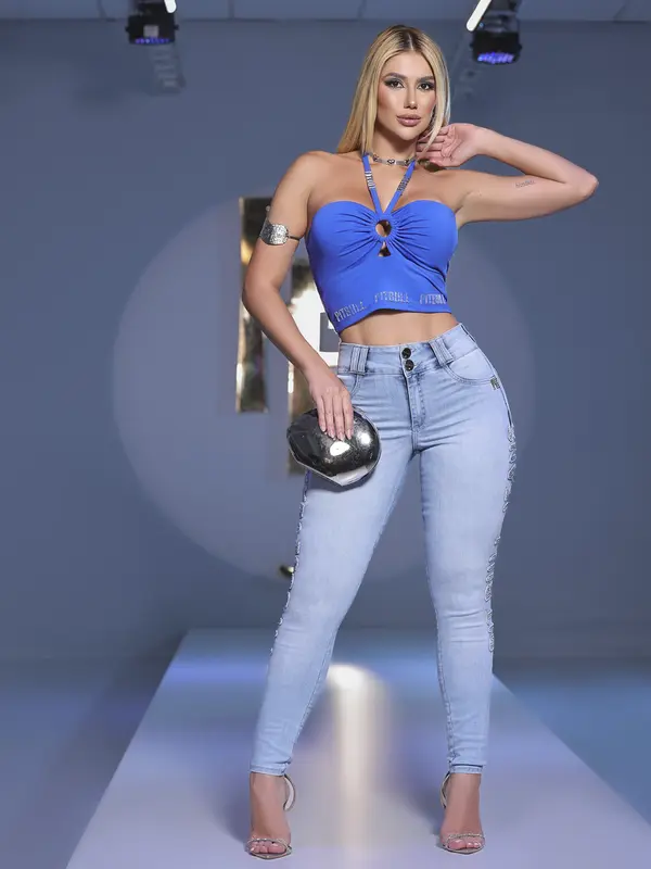 Calça Skinny Logomania Cós Alto com Bordado Lateral Pit Bull Jeans Luxo