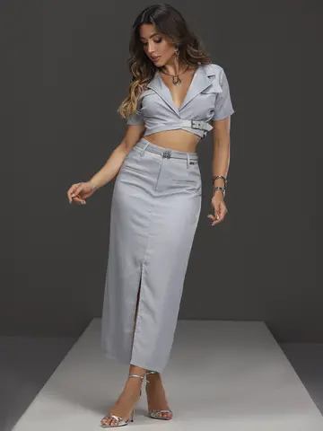 Conjunto Saia Midi com Cinto e Camisa Manga Curta Empório Pit Bull