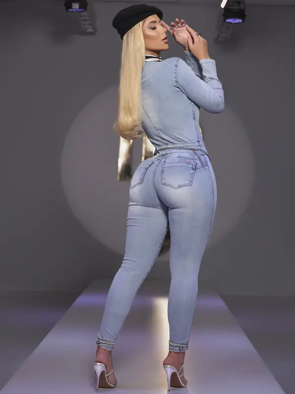 Macacão Manga Longa com Cinto Pit Bull Jeans Elegante e Modelador