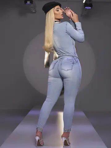 Macacão Manga Longa com Cinto Pit Bull Jeans Elegante e Modelador