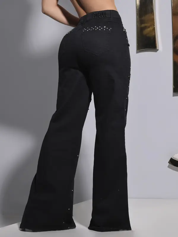 Calça Wide Leg Preta Conceito Pit Bull Jeans Refinada com Enfeites e Pedrarias