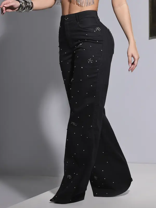 Calça Wide Leg Preta Conceito Pit Bull Jeans Refinada com Enfeites e Pedrarias