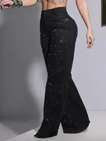 Calça Wide Leg Preta Conceito Pit Bull Jeans Refinada com Enfeites e Pedrarias