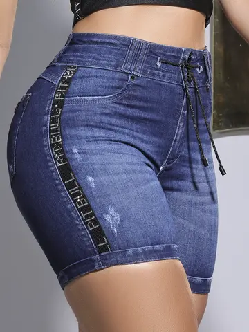 Bermuda Meia Coxa Pit Bull Jeans Luxo Estilosa com Elástico Lateral Personalizado