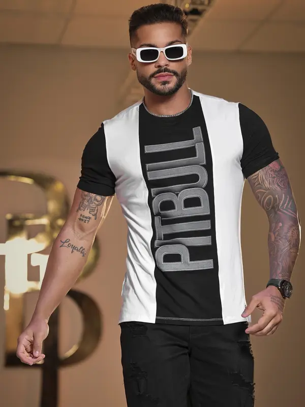 Camiseta Gola O Slim Pit Bull Jeans Estilosa com Relevo Foil