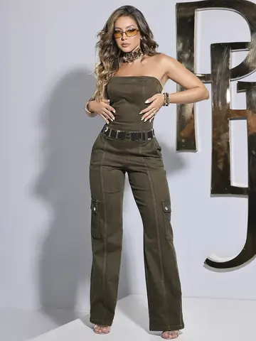 Macacão Jeans Estiloso com Bolsos Cargo e Cinto Personalizado Pit bull Jeans Luxo