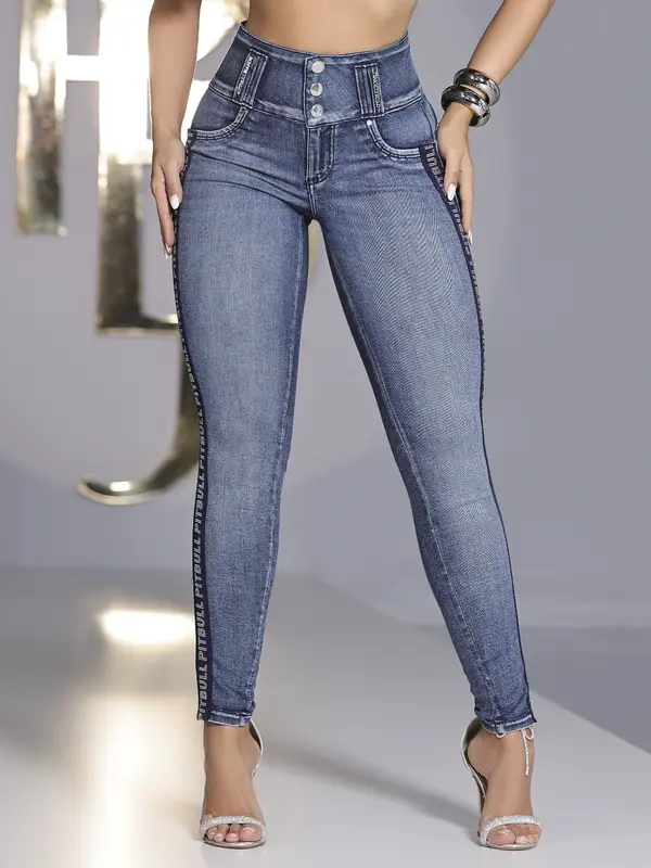 Calça Skinny Cós Largo Pit Bull Jeans Luxo com Elástico Lateral Brilhoso