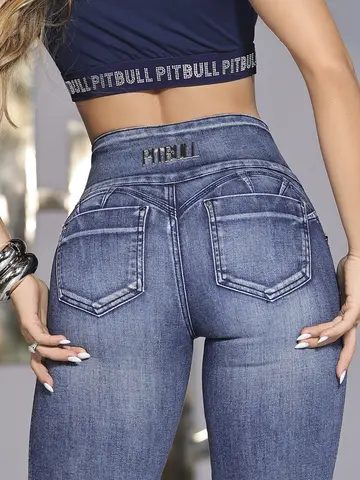 Calça Skinny Cós Largo Pit Bull Jeans Luxo com Elástico Lateral Brilhoso