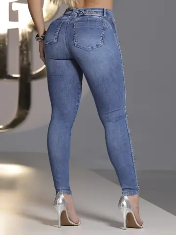 Calça Skinny Pit Bull Jeans Luxo Moderna com Botões de Pressão Laterais