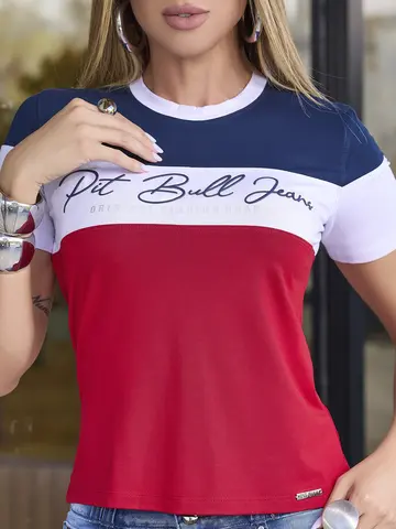 T SHIRT MANGA CURTA CASUAL E SOFISTICADA COM LOGOMANIA PIT BULL JEANS