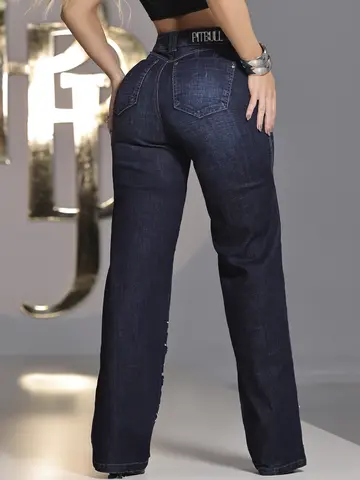CALÇA WIDE LEG CONCEITO PIT BULL JEANS SOFISTICADA COM DETALHE EM ILHOSES