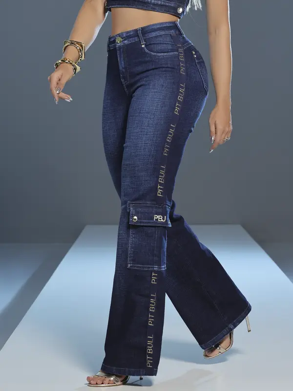 Calça Wide Leg Elegante com Elástico Lateral e Bolsos Cargo Pit Bull Jeans