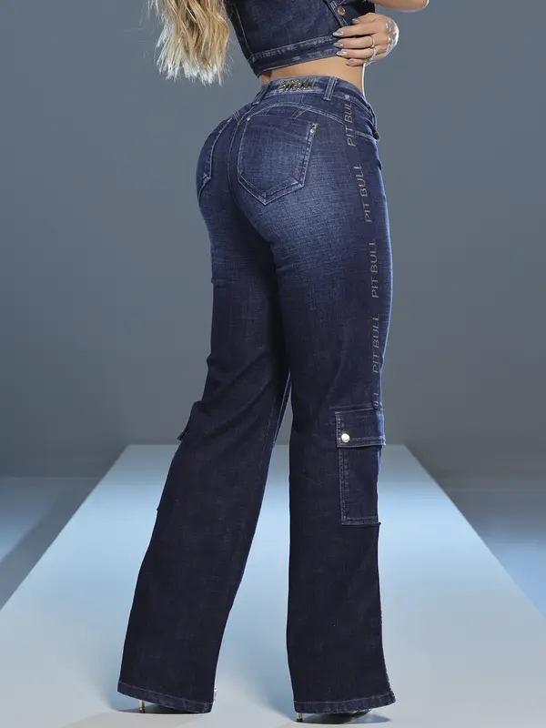 Calça Wide Leg Elegante com Elástico Lateral e Bolsos Cargo Pit Bull Jeans