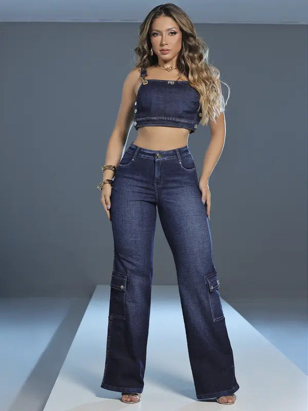 Calça Wide Leg Elegante com Elástico Lateral e Bolsos Cargo Pit Bull Jeans