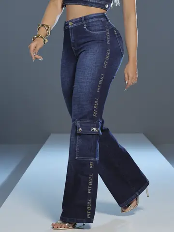Calça Wide Leg Elegante com Elástico Lateral e Bolsos Cargo Pit Bull Jeans