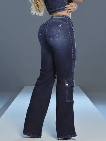 Calça Wide Leg Elegante com Elástico Lateral e Bolsos Cargo Pit Bull Jeans
