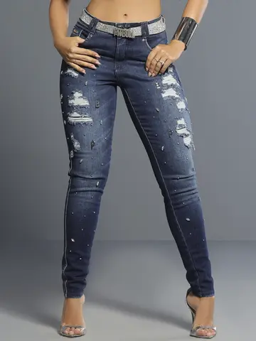 Calça Boyfriend Sofisticada com Cinto e Bordado Manual Pit Bull Jeans Luxo