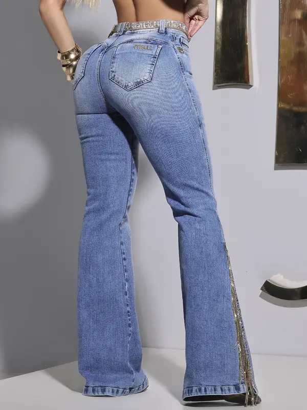 Calça Flare Conceito com Cinto e Fendas com Corrente de Strass Pit Bull Jeans Luxo