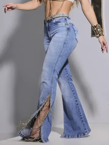 Calça Flare Conceito com Cinto e Fendas com Corrente de Strass Pit Bull Jeans Luxo
