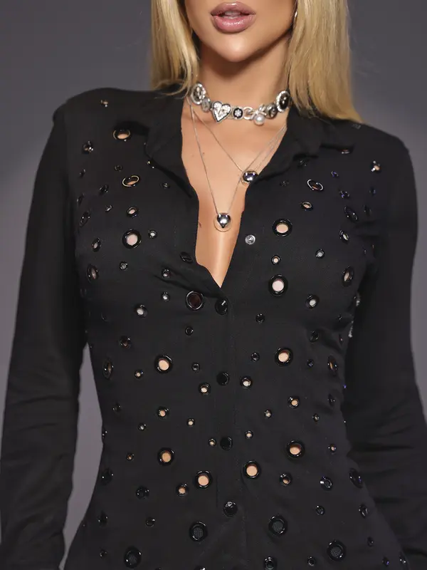 VESTIDO CAMISA CONCEITO PIT BULL JEANS ELEGANTE COM ELÁSTICO E ILHOSES