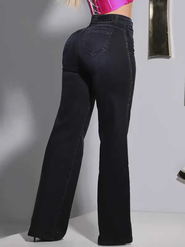 Calça Wide Leg Conceito Pit Bull Jeans com Aplicação de Sextavado
