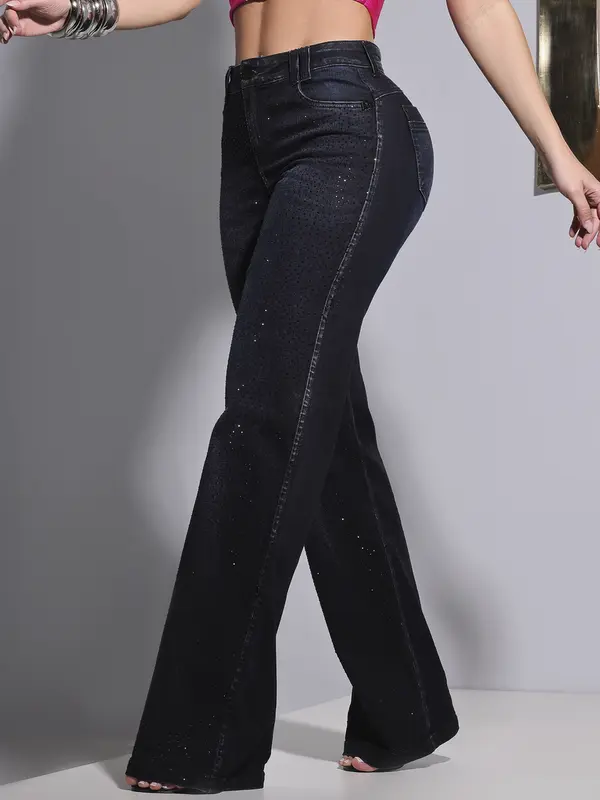 Calça Wide Leg Conceito Pit Bull Jeans com Aplicação de Sextavado
