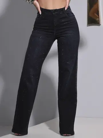 Calça Wide Leg Conceito Pit Bull Jeans com Aplicação de Sextavado