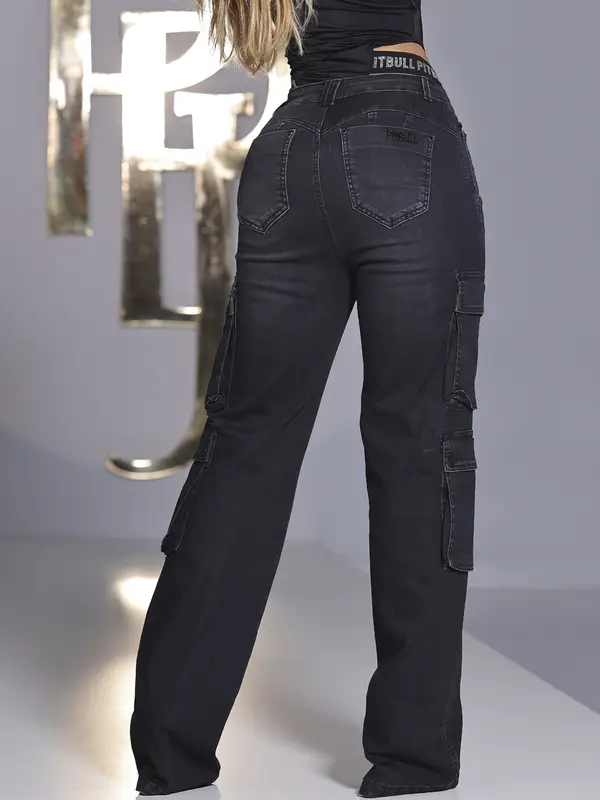 CALÇA WIDE LEG PIT BULL JEANS SOFISTICADA E ELEGANTE COM BOLSOS CARGO