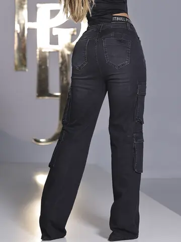 CALÇA WIDE LEG PIT BULL JEANS SOFISTICADA E ELEGANTE COM BOLSOS CARGO