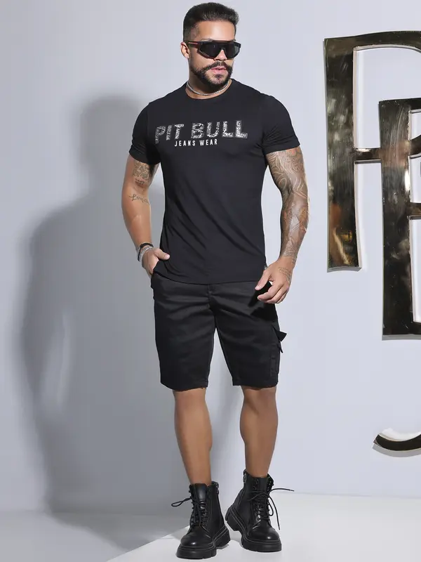 Bermuda Masculina Streetwear com Detalhes na Lateral Pit Bull Jeans Luxo