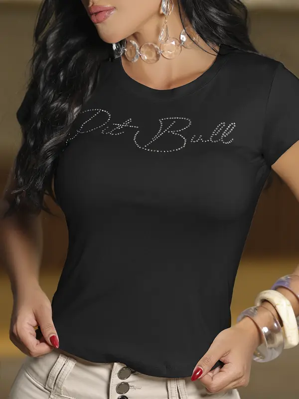 T-shirt Pit Bull Jeans Casual e Modeladora com Aplicação em Brilho