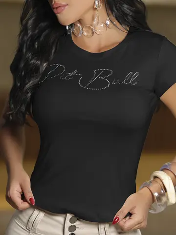 T-shirt Pit Bull Jeans Casual e Modeladora com Aplicação em Brilho