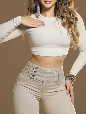Calça Skinny Color Cós Largo Modeladora com Detalhe em Strass Pit Bull Jeans Luxo