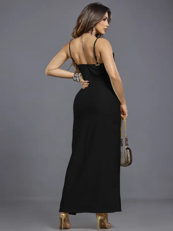 Vestido Longo Empório Pit Bull Elegante e Sofisticado com Fenda Lateral