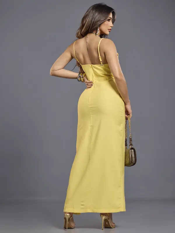 Vestido Longo Empório Pit Bull Elegante e Sofisticado com Fenda Lateral