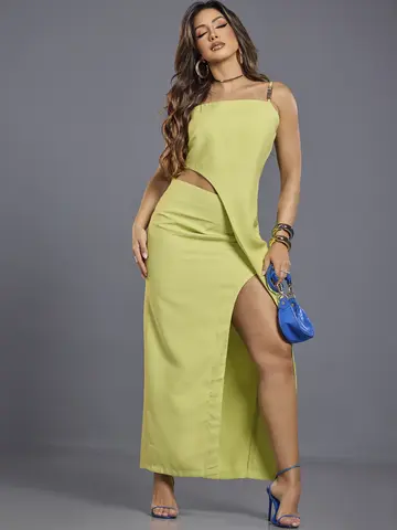 Vestido Longo Empório Pit Bull Elegante e Sofisticado com Fenda Lateral