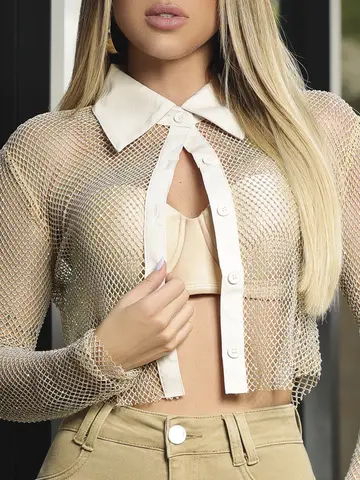 CAMISA CROPPED DE TELA CONCEITO PIT BULL JEANS COM BRILHO E GLAMOUR