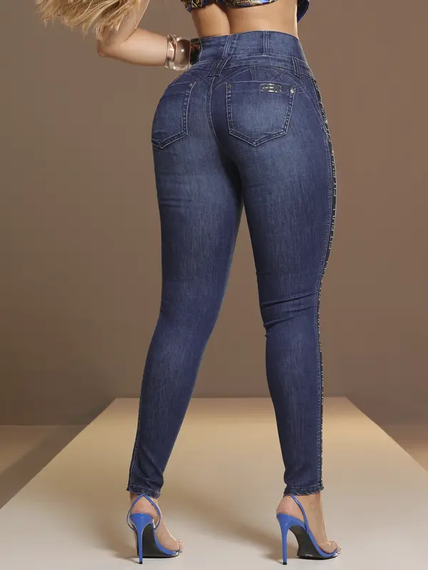 Calça Cintura Perfeita Escura Pit Bull Jeans Luxo com Elástico Lateral Brilhoso