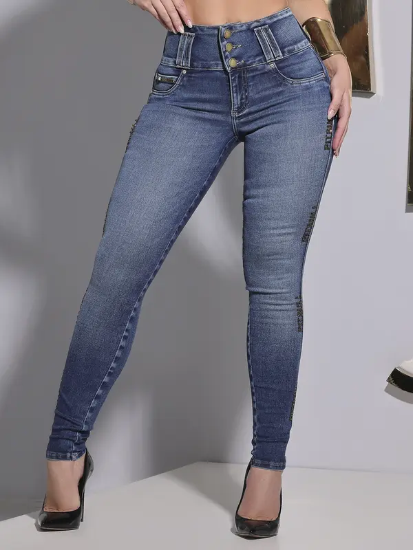 Calça Skinny Cós Largo Sofisticada com Detalhes Laterais Pit Bull Jeans