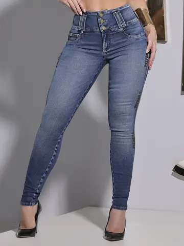 Calça Skinny Cós Largo Sofisticada com Detalhes Laterais Pit Bull Jeans