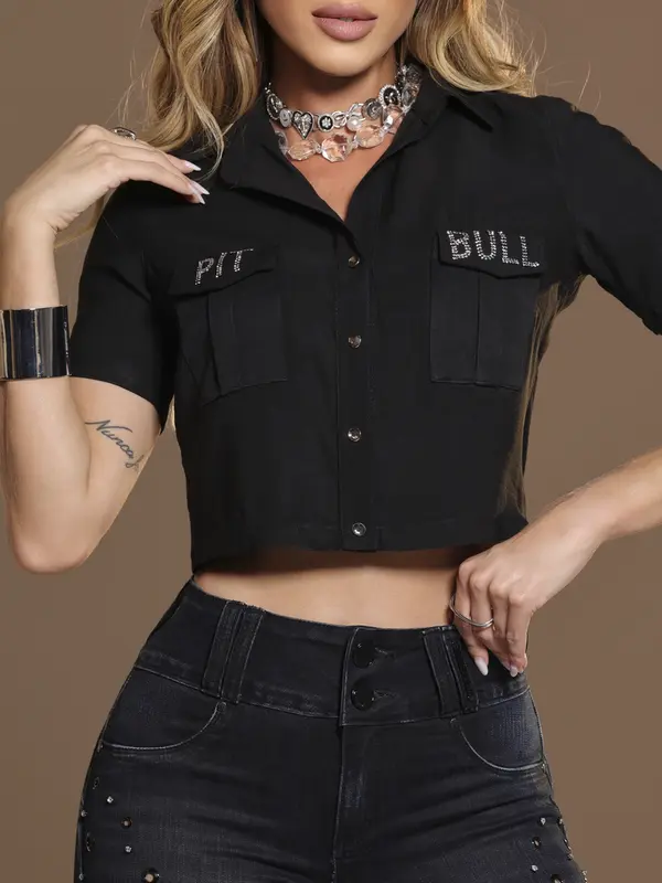 Camisa Cropped Sofisticada e Casual com Bordado de Strass Pit Bull Jeans Luxo