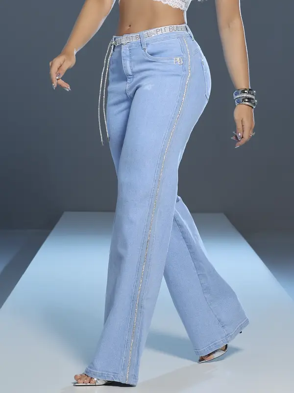 Calça Wide Leg Elegante com Cinto e Detalhe Lateral de Strass Pit Bull Luxo