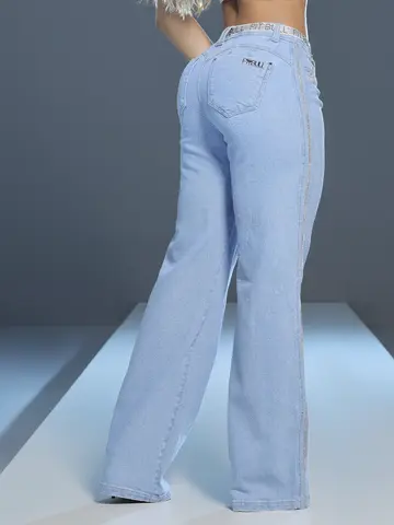 Calça Wide Leg Elegante com Cinto e Detalhe Lateral de Strass Pit Bull Luxo