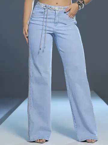 Calça Wide Leg Elegante com Cinto e Detalhe Lateral de Strass Pit Bull Luxo