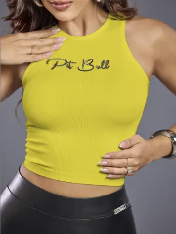 Regata Básica Pit Bull Jeans Leve e Sofisticada com Escrita Brilhosa