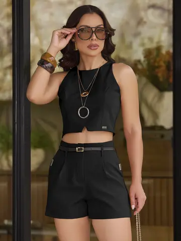 Conjunto Cropped e Short com Cinto Sofisticado e Versátil Empório Pit Bull