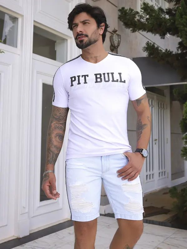 Bermuda Masculina Casual com Toque Destroyed e Elástico Lateral Pit Bull Jeans Luxo