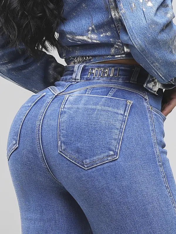 Calça Wide Leg Feminina Modeladora Lavado Medio Pit Bull Jeans