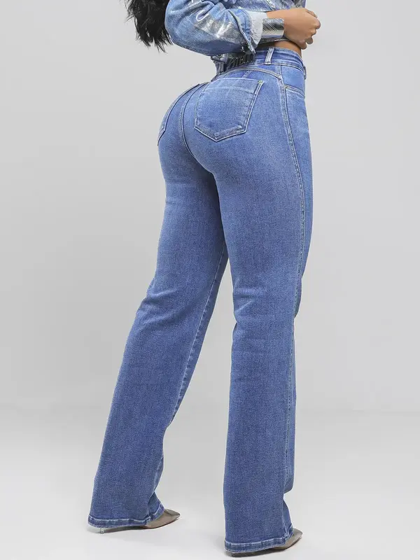 Calça Wide Leg Feminina Modeladora Lavado Medio Pit Bull Jeans